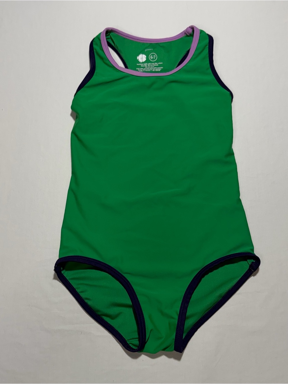 Primary Green One-Piece Girls' Swimsuit with Purple Trim